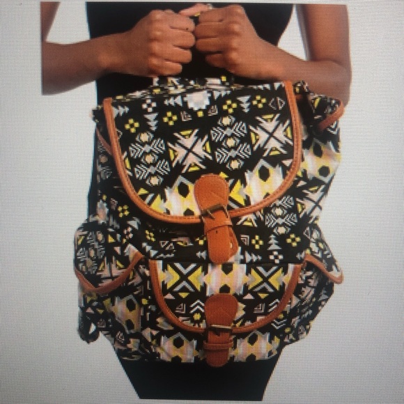 NEW✨ Southwestern Aztec Ecote Style Printed Canvas Leather Backpack Purse Bag - Picture 2 of 6